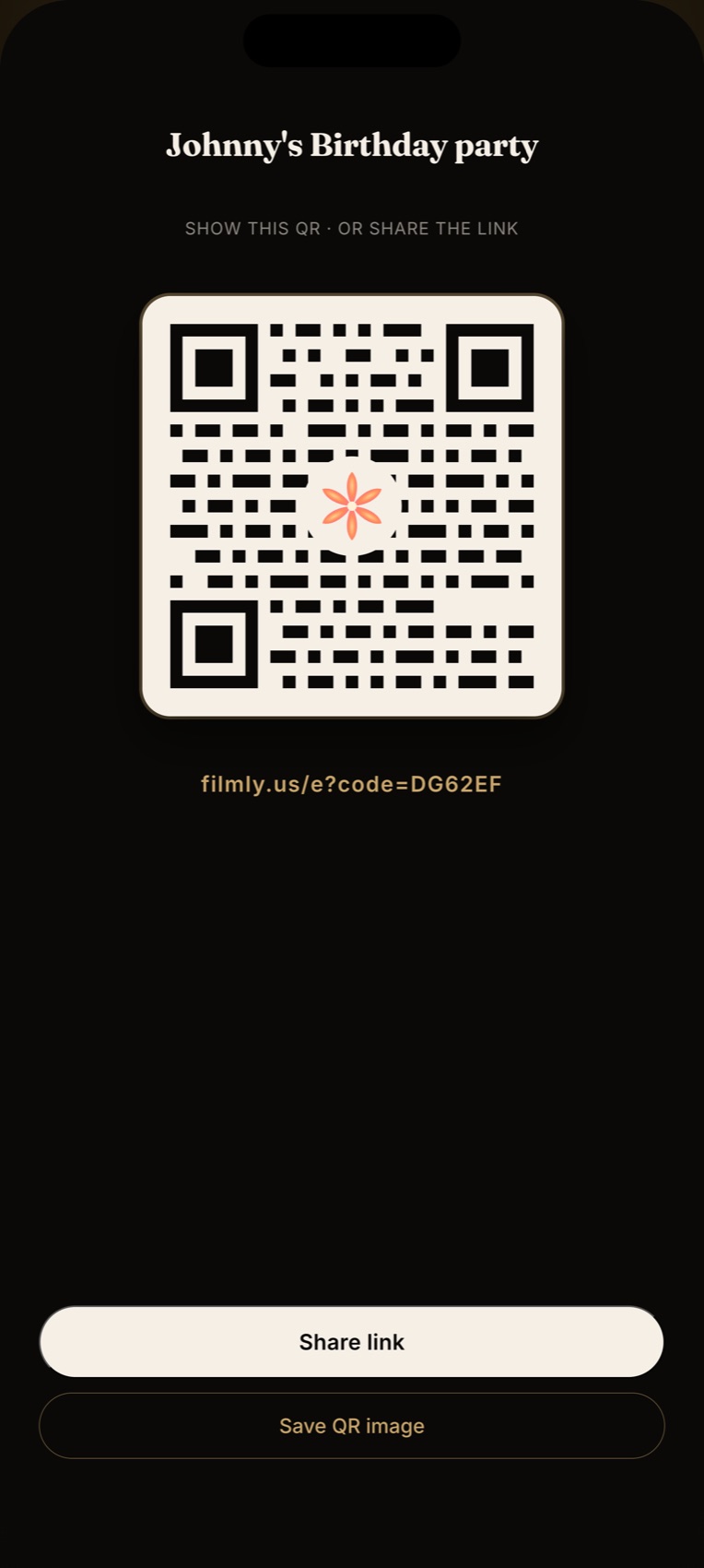 Scan the Filmly QR code to join an event from any phone browser